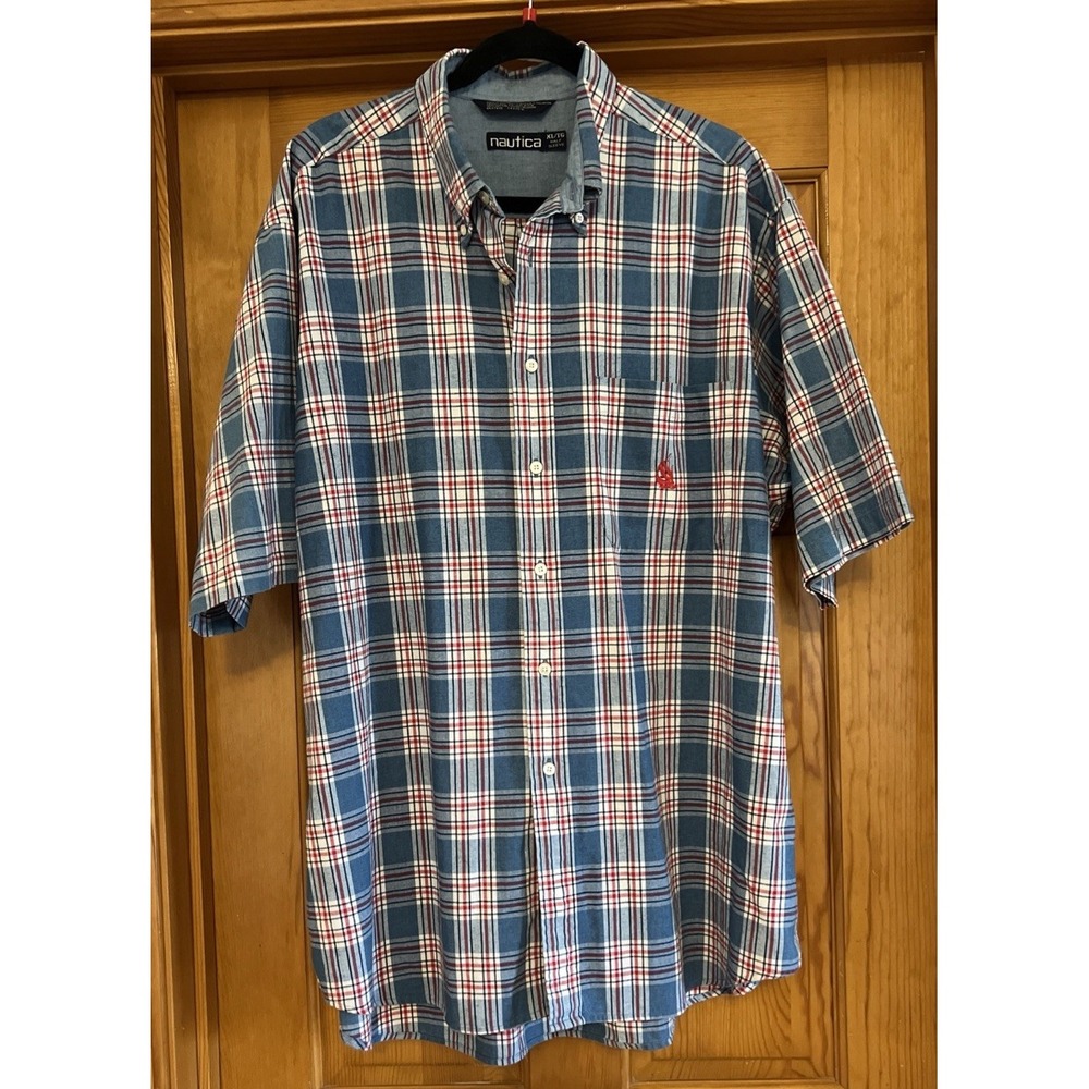 Nautica Men's Shirt Plaid Red Blue short sleeve XL TG